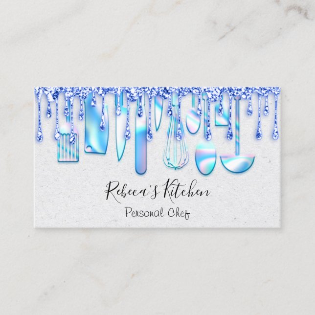 Catering Personal Chef Kitchen Blue Drips Business Card (Front)