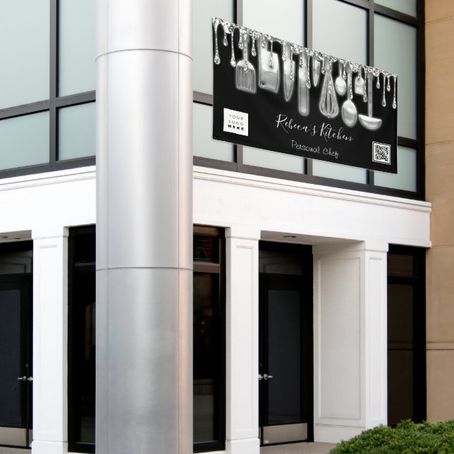 Catering Personal Chef Kitchen Gold Qr Logo Silver Banner (Outside Building)