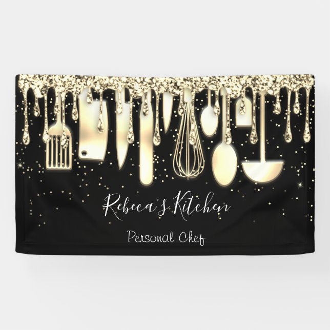 Catering Personal Chef Kitchen Gold Utensils Black Banner (Horizontal)