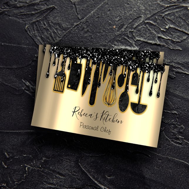 Catering Personal Chef Restaurant Drip Black Gold  Business Card (Catering Personal Chef Restaurant Drip Black Gold Business Card)