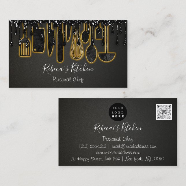 Catering Personal Chef Restaurant Drip Black QR  Business Card (Front/Back)