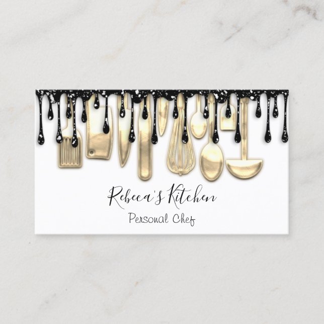 Catering Personal Chef Restaurant Drip Gold White  Business Card (Front)