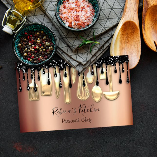 Catering Personal Chef Restaurant Drip Rose Gold Business Card (Catering Personal Chef Restaurant Drip Rose Gold Business Card)