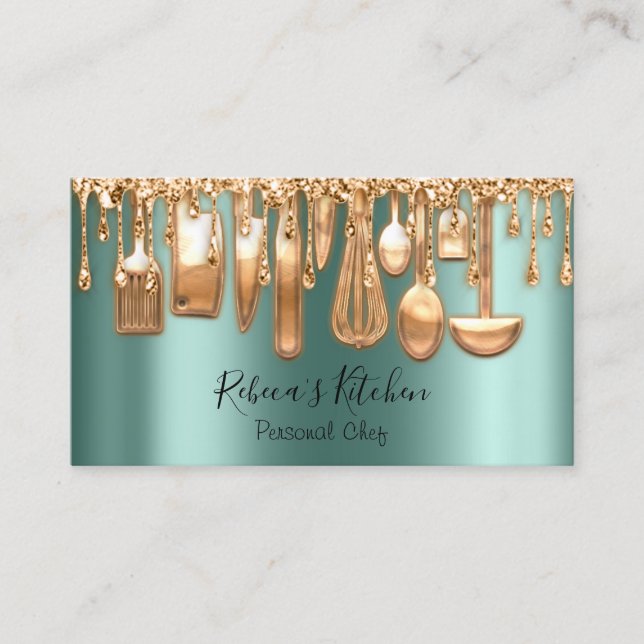 Catering Personal Chef Restaurant Drip Rose Green Business Card (Front)