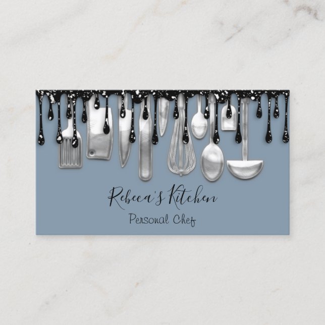 Catering Personal Chef Restaurant Drip Smoky Blue Business Card (Front)
