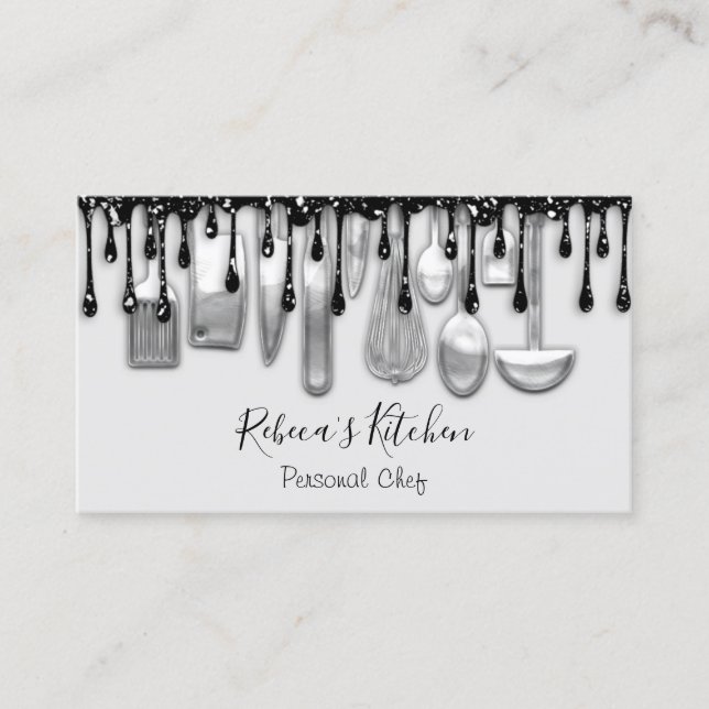 Catering Personal Chef Restaurant Drips Black Grey Business Card (Front)