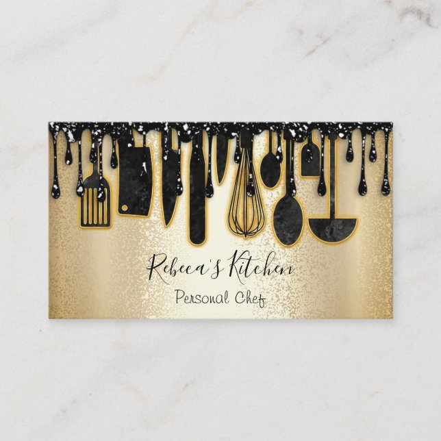 Catering Personal Chef Restaurant Gold Black Drips Business Card (Front)