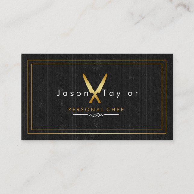 Catering Retro Black Wood Chef Gold Knife Crossed Business Card (Front)