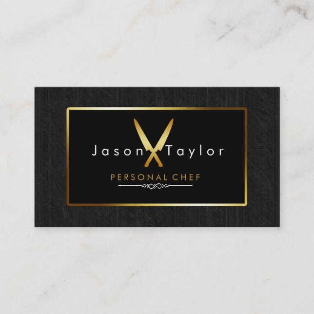 Catering Retro Black Wood Chef Gold Knife Crossed Business Card (Front)