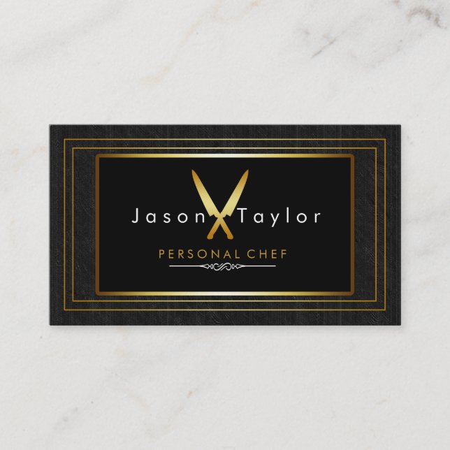 Catering Retro Black Wood Chef Gold Knife Crossed Business Card (Front)