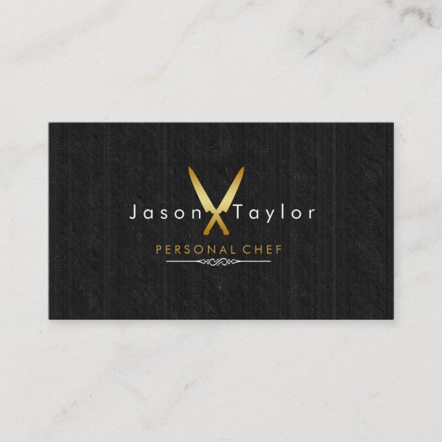 Catering Retro Black Wood Chef Gold Knife Crossed Business Card (Front)