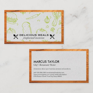 Catering Service Food Pattern Wood Border Business Card