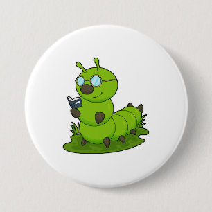 Caterpillar as Nerd with Glasses & Book 7.5 Cm Round Badge