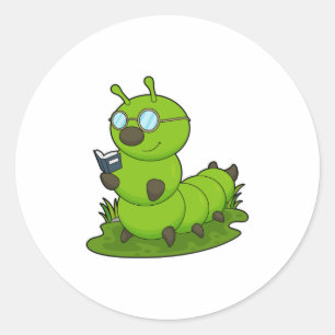 Caterpillar as Nerd with Glasses & Book Classic Round Sticker