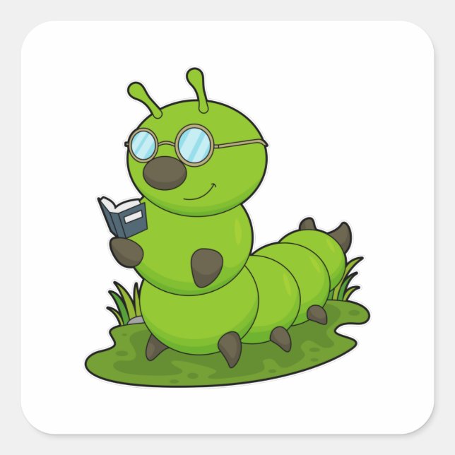 Caterpillar as Nerd with Glasses & Book Square Sticker (Front)