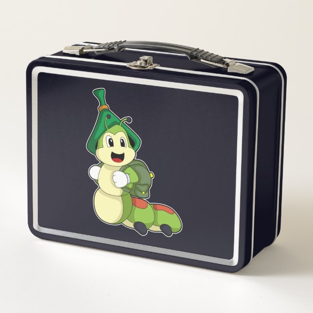 Caterpillar as Student with Backpack Metal Lunch Box (Front)