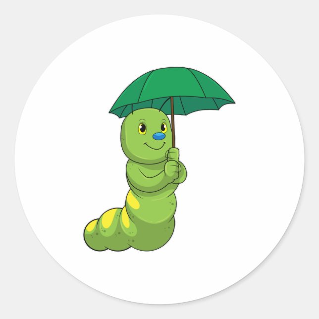 Caterpillar at Raining with Umbrella Classic Round Sticker (Front)