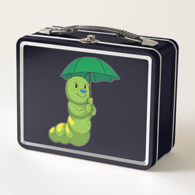 Caterpillar at Raining with Umbrella Metal Lunch Box (Front)
