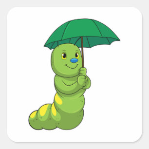 Caterpillar at Raining with Umbrella Square Sticker
