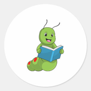 Caterpillar at Reading with Book Classic Round Sticker