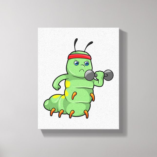 Caterpillar at Strength training with Dumbbell Canvas Print (Front)