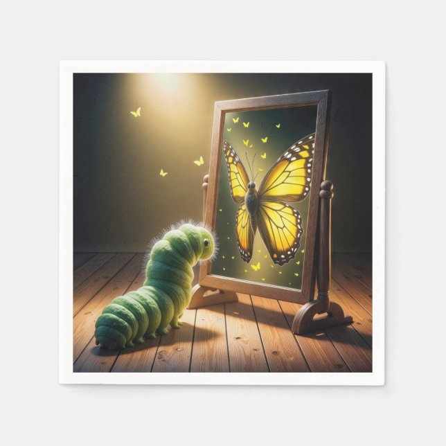 Caterpillar Looking At a Butterfly In a Mirror Napkin (Front)