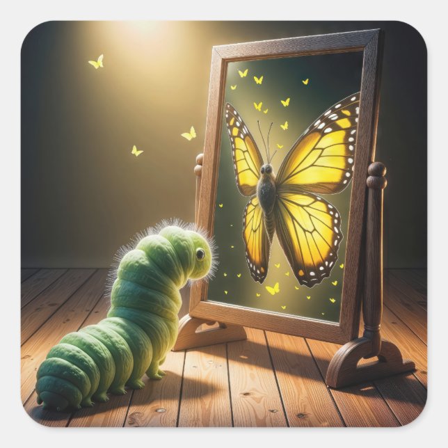 Caterpillar Looking At a Butterfly In a Mirror Square Sticker (Front)