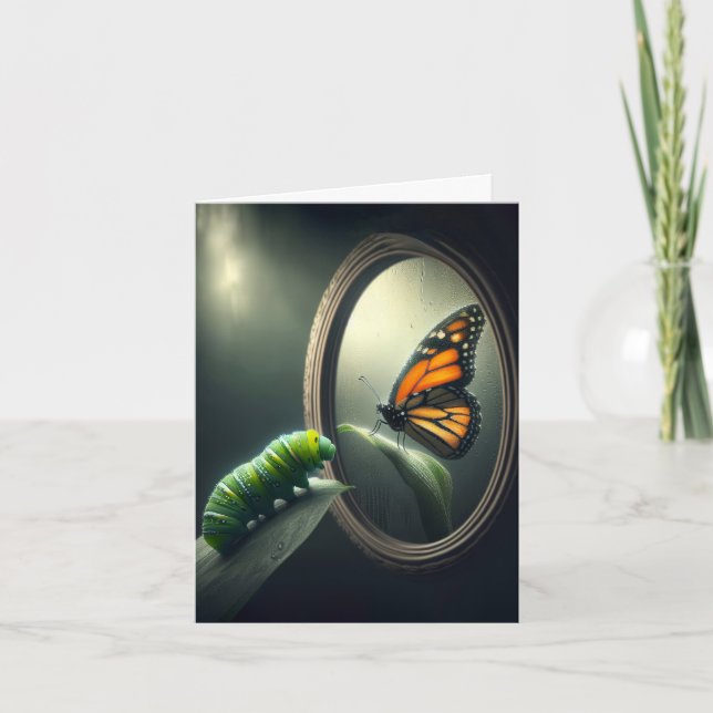 Caterpillar Looking at Monarch Butterfly Card (Front)