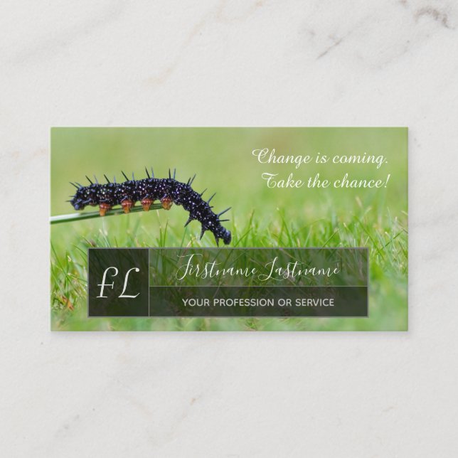 Caterpillar motivational grey rectangle monogram business card (Front)