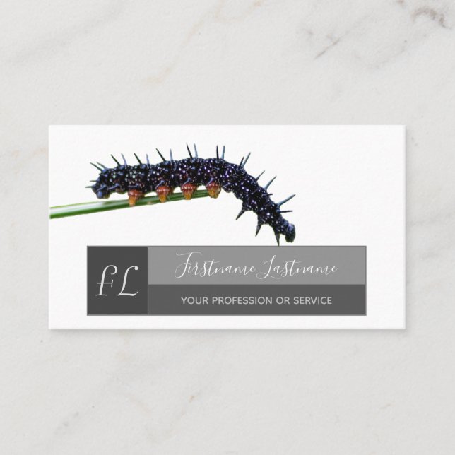 Caterpillar nature lover grey rectangle monogram b business card (Front)