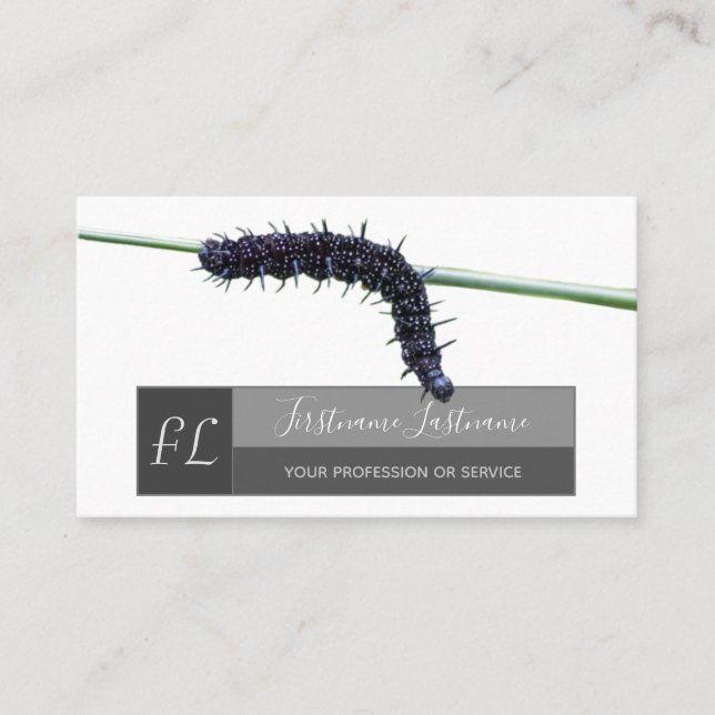 Caterpillar nature lover grey rectangle monogram business card (Front)