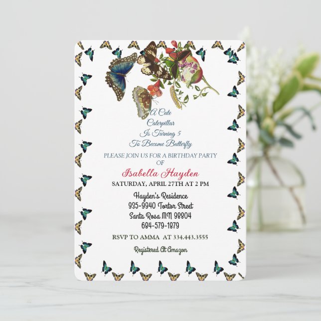 Caterpillar Turning Butterfly Birthday Colourful  Invitation (Standing Front)