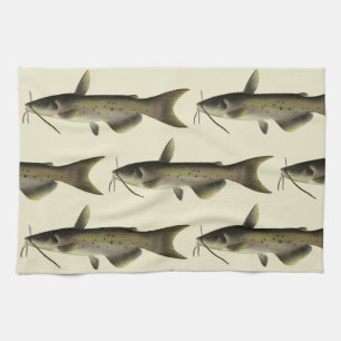 Catfish Fishing, Vintage Marine Life River Fish Tea Towel