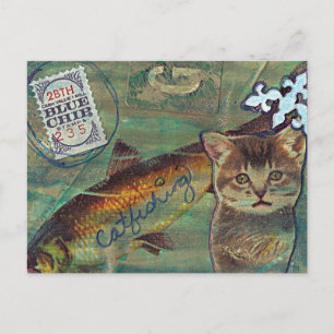 Catfishing Mixed Media Collage Postcard