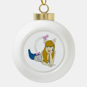 catgirl ceramic ball christmas ornament