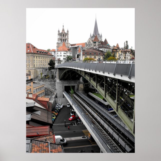 Cathedral and Bessieres bridge in Lausanne Poster (Front)