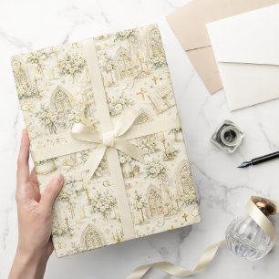 Cathedral Church Wedding Watercolor Ivory Gold Wrapping Paper