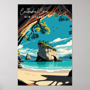 Cathedral Cove New Zealand vintage travel Poster