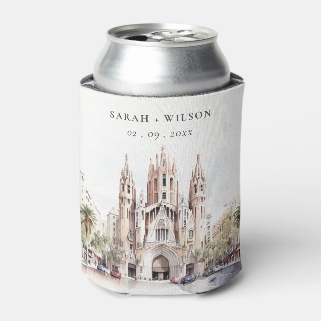 Cathedral of Barcelona Spain Watercolor Wedding Can Cooler (Can Front)