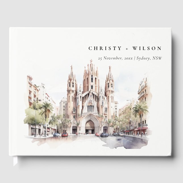 Cathedral of Barcelona Spain Watercolor Wedding Guest Book (Front)