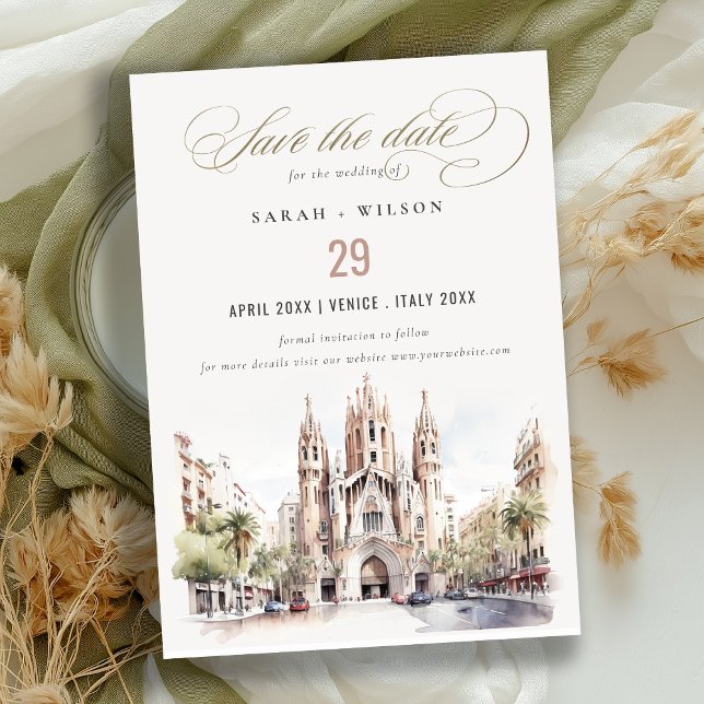 Cathedral of Barcelona Spain Watercolor Wedding Save The Date (Creator Uploaded)