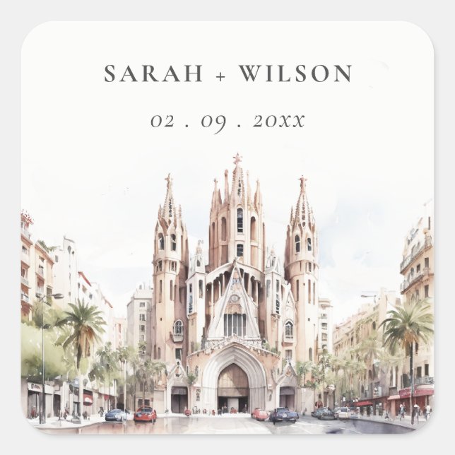 Cathedral of Barcelona Spain Watercolor Wedding Square Sticker (Front)