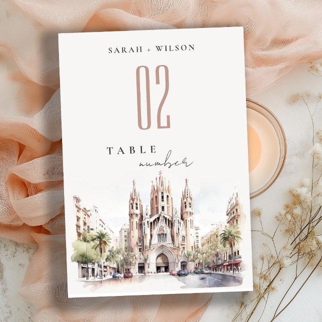 Cathedral of Barcelona Spain Watercolor Wedding Table Number (Creator Uploaded)