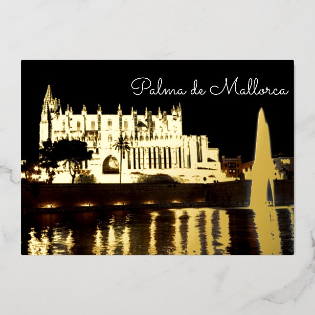 Cathedral of Palma de Mallorca at night - Spain Foil Holiday Card (Front)