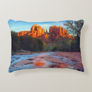 Cathedral Rock reflecting in Oak Creek at Sunset Decorative Cushion