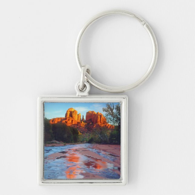 Cathedral Rock reflecting in Oak Creek at Sunset Key Ring (Front)