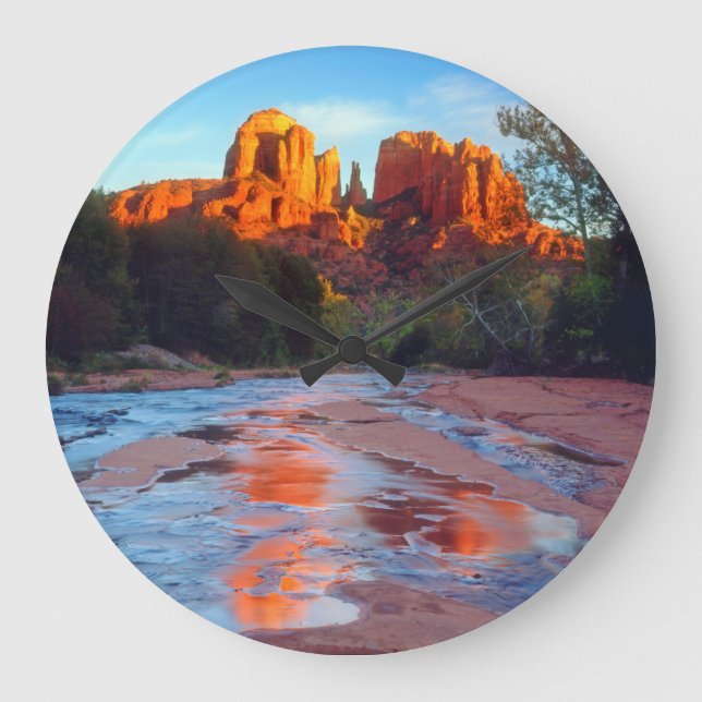Cathedral Rock reflecting in Oak Creek at Sunset Large Clock (Front)
