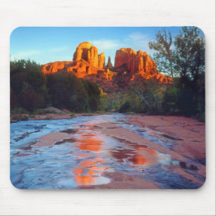 Cathedral Rock reflecting in Oak Creek at Sunset Mouse Mat