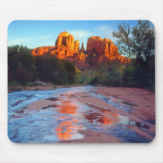 Cathedral Rock reflecting in Oak Creek at Sunset Mouse Mat (Front)