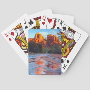 Cathedral Rock reflecting in Oak Creek at Sunset Playing Cards